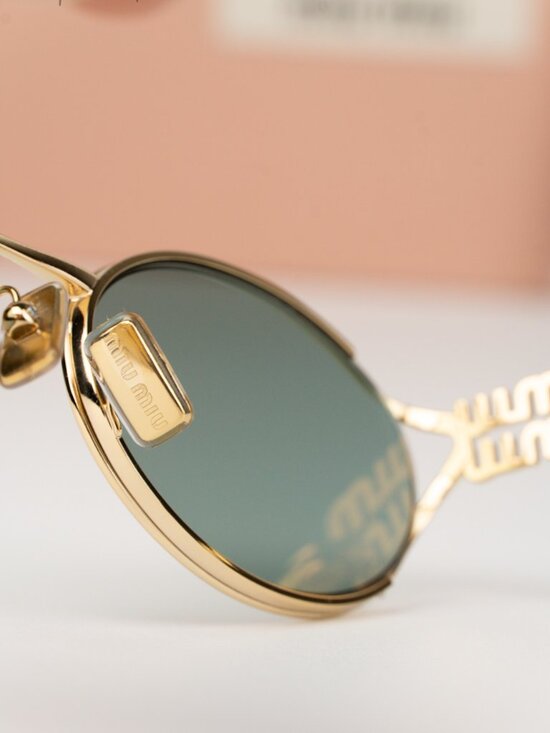 Miu Miu Women Sunglasses Gold Green Mirror Silver Oval MU52YS 5AK04M BRAND NEW